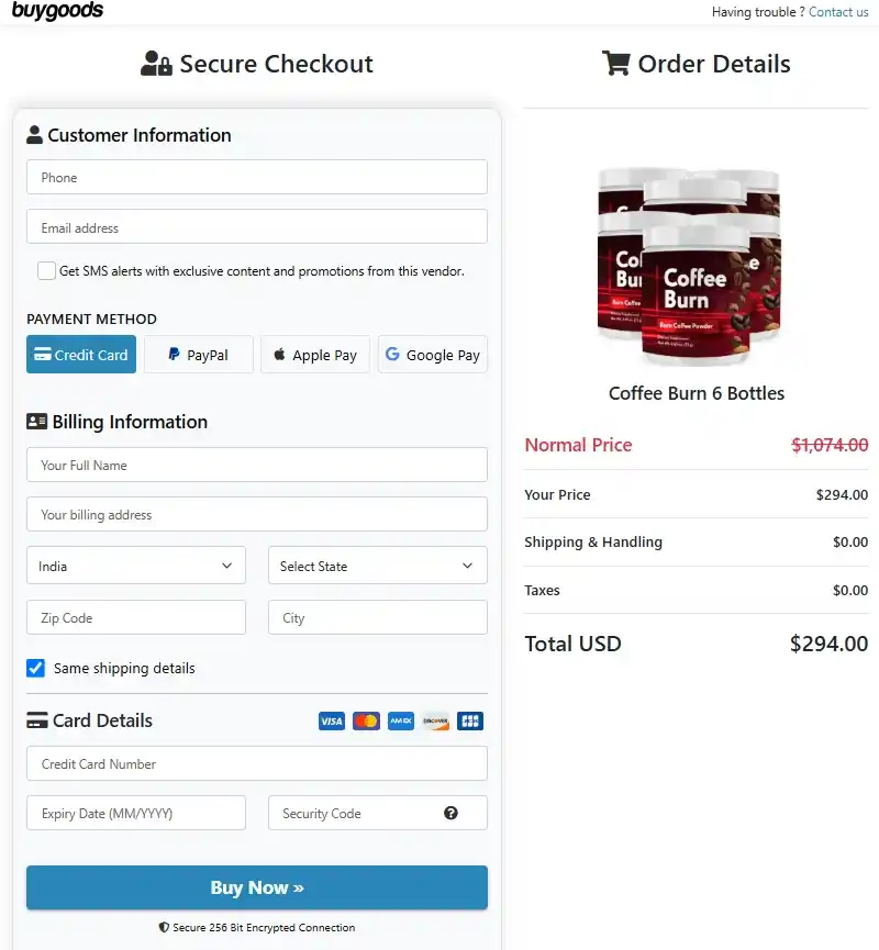 Coffee Burn Secure Order Page — Checkout